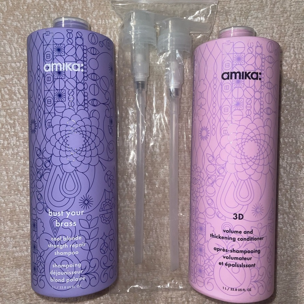 Amika bust your brass Shampoo & 3D Conditioner (LITER SET) w/ FREE pumps! New.